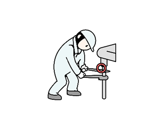 配管のバルブをレンチで閉める社員の姿が描かれたイラストです。