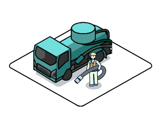 汲み取り者とホースを持った社員が描かれたイラストです。